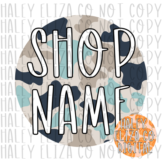 PRE-MADE BLUE AND BROWN CAMO SHOP LOGO